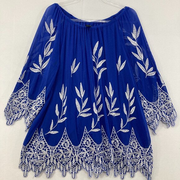 Alfani Tops - Alfani size XL Royal Blue White Embroidered Mesh Boho Artsy Blouse Festival